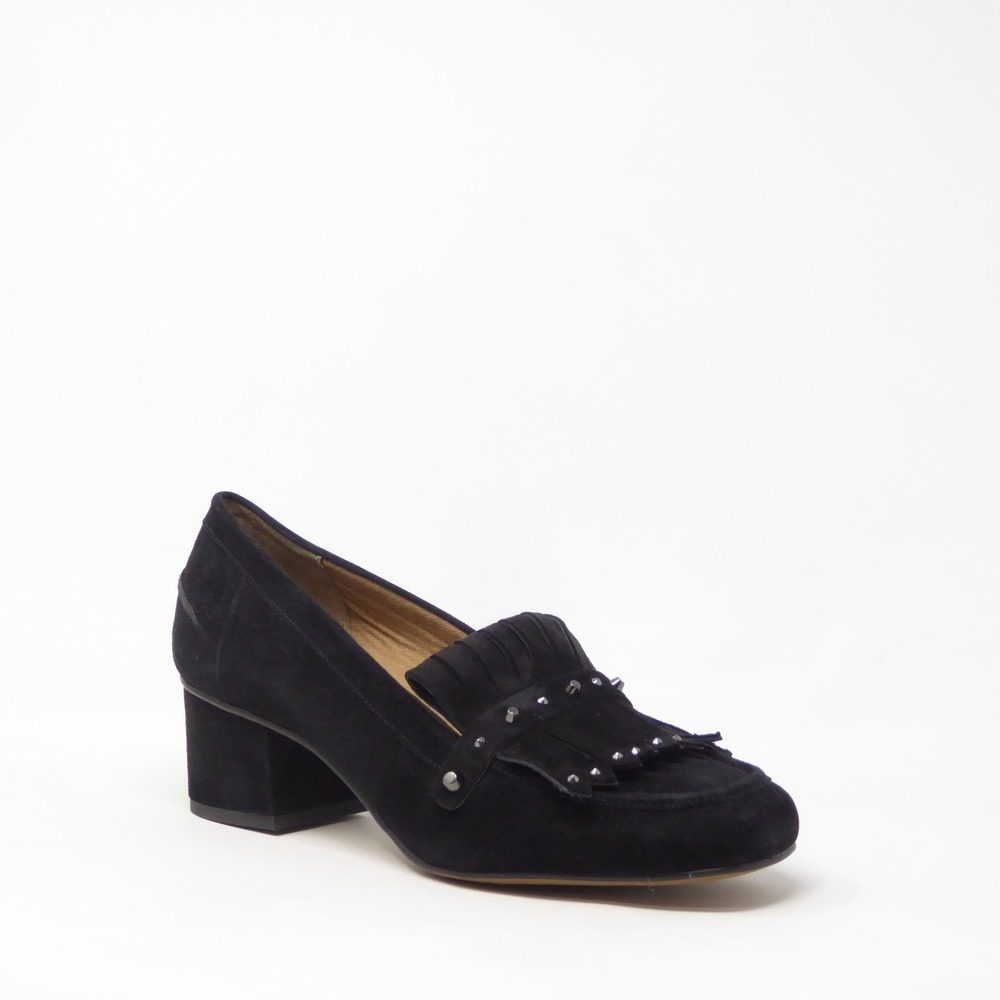 Franco Sarto Womens Lauryn Heeled Loafers Black Suede Studded Fringe 9M